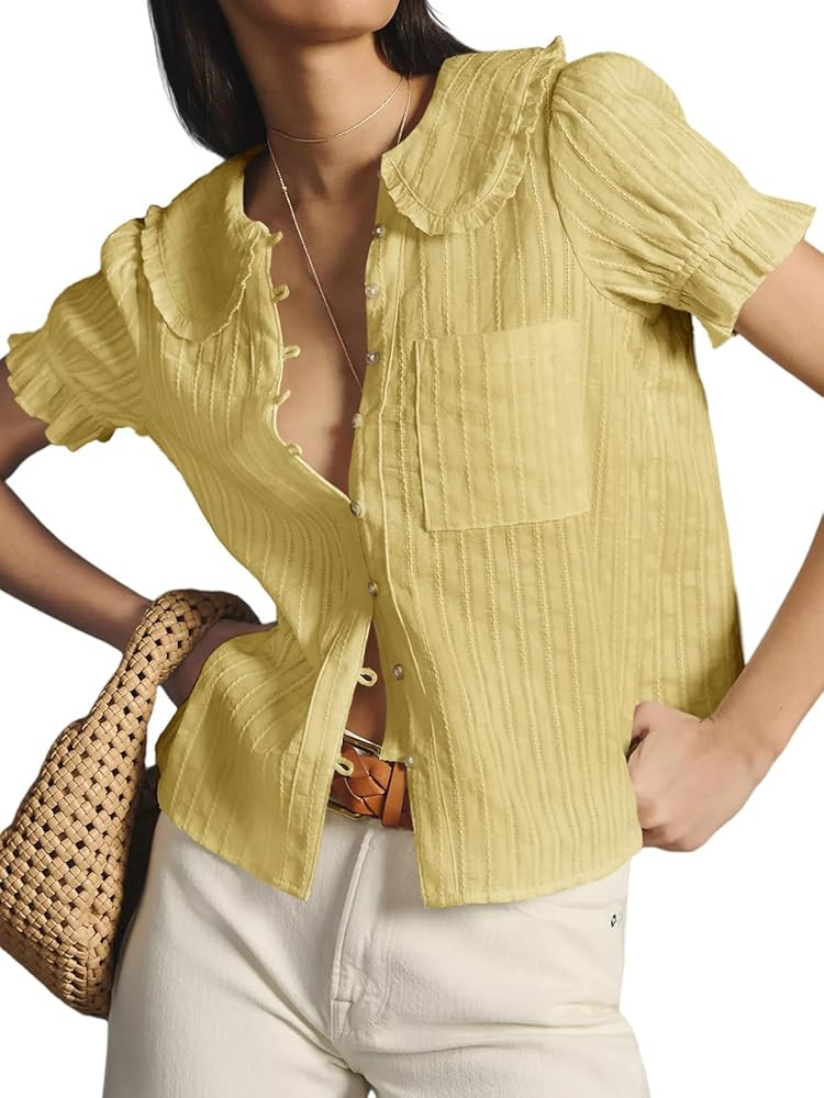 Tankaneo Womens Puff Sleeve Shirts Peter Pan Collar Button Down Cotton Blouse Casual Summer Textu... | Amazon (US)
