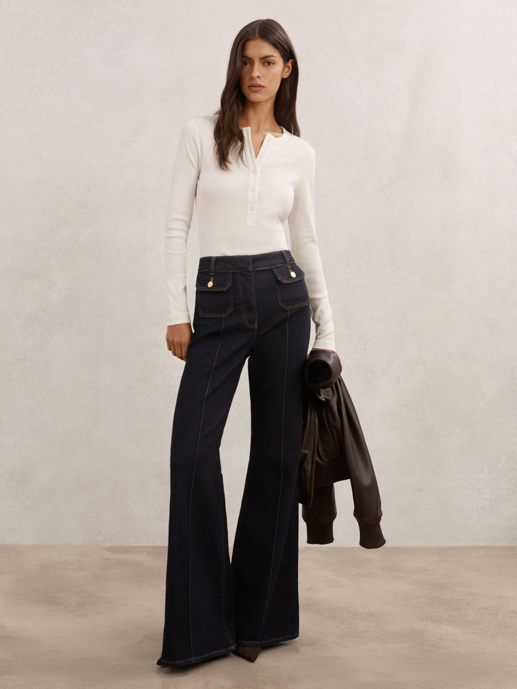 Stretch-Cotton Half-Button Top in White | Reiss US
