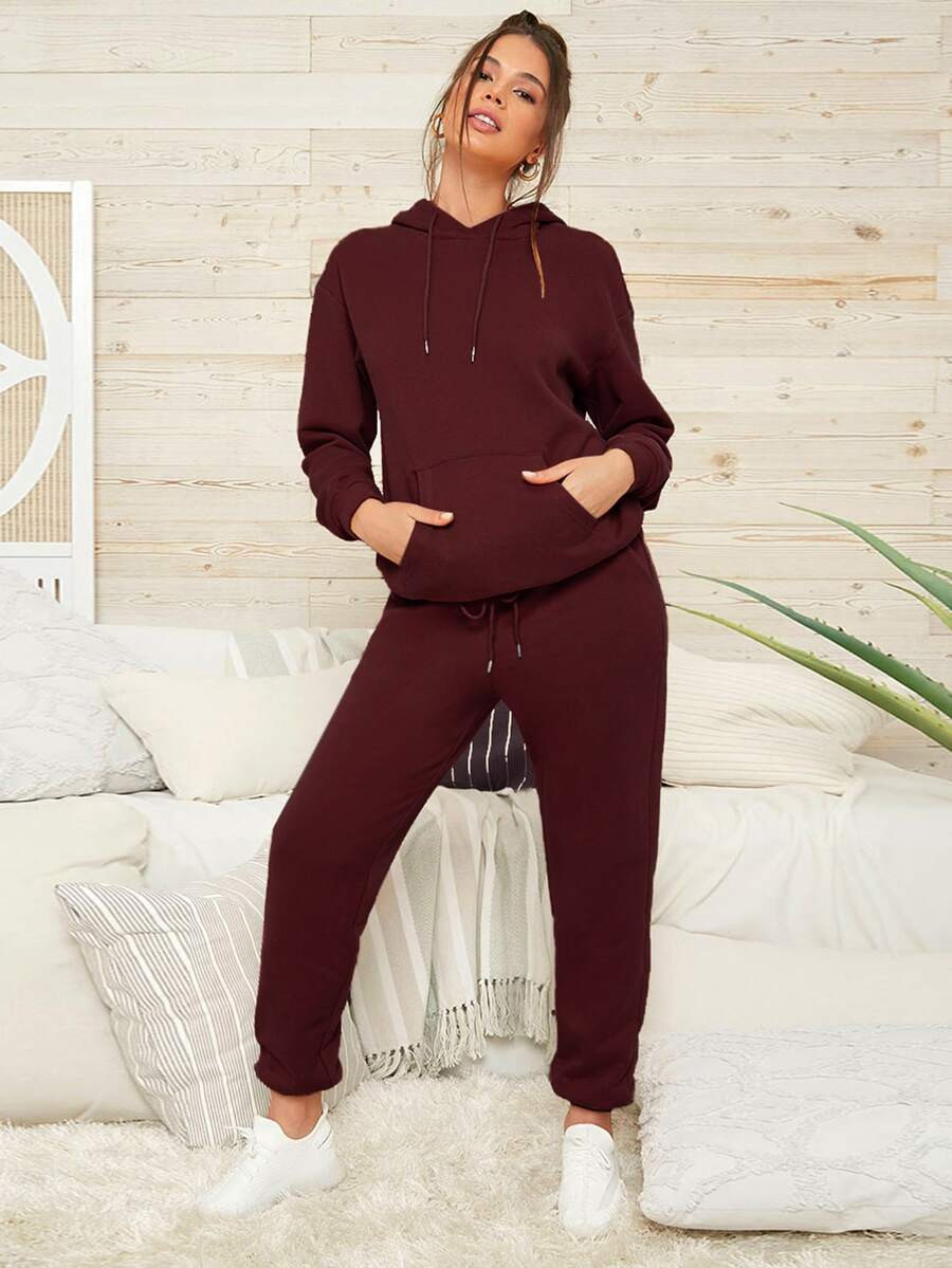 Kangaroo Pocket Solid Hoodie & Sweatpants Set | SHEIN