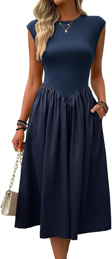 Imily Bela Womens Casual Cap Sleeve Midi Dress Crewneck Swing Flowy Empire Waist Long Dress 2025 ... | Amazon (US)