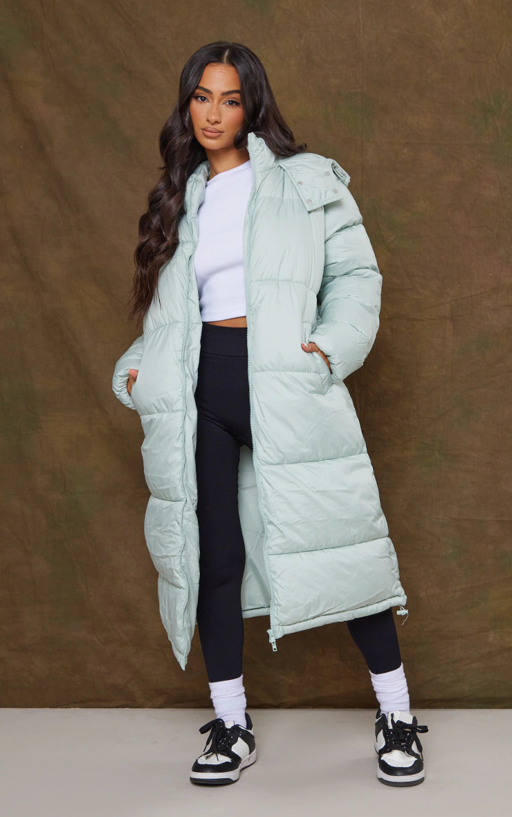 Petite Sage Green Long Puffer Coat | PrettyLittleThing US