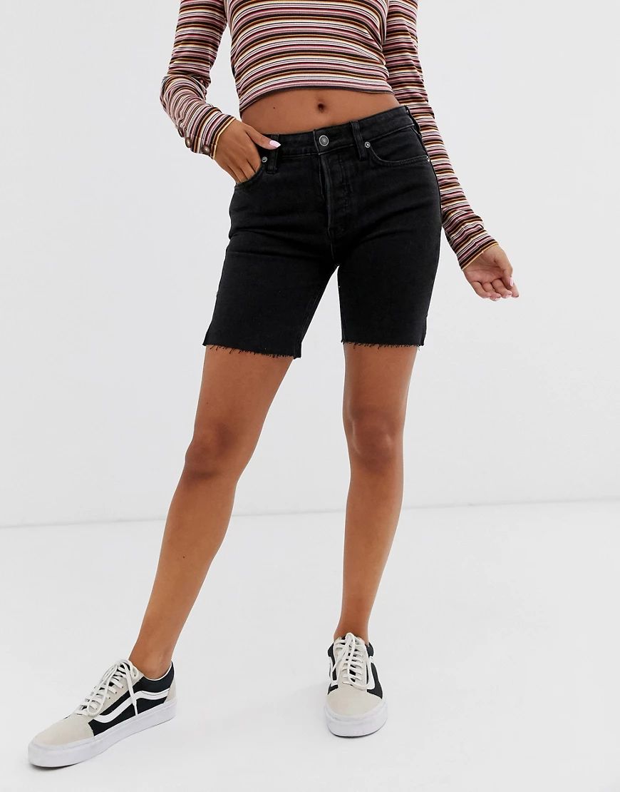 Free People Avery Bermuda raw hem longline denim shorts-Black | ASOS (Global)