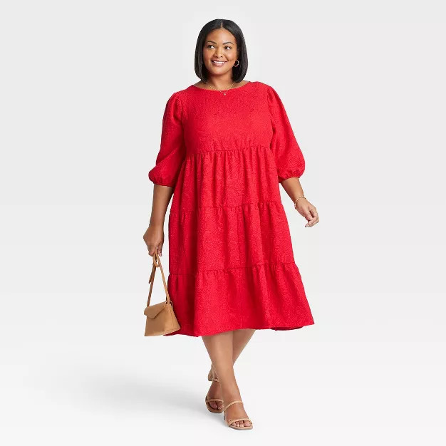 Women's Plus Size Puff 3/4 Sleeve Tiered Dress - Ava & Viv™ | Target