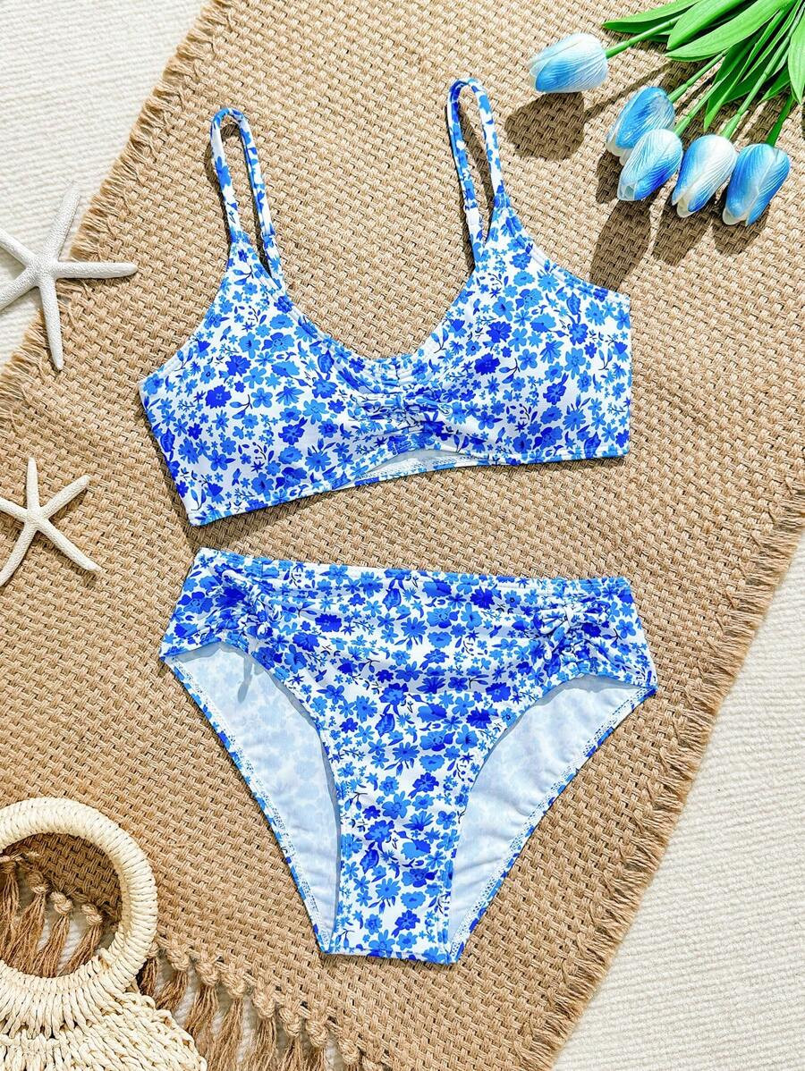 Tween Girls Ditsy Floral Bikini Sets, Top With Center String, Bottoms With Side Strings, 2 Pieces... | SHEIN