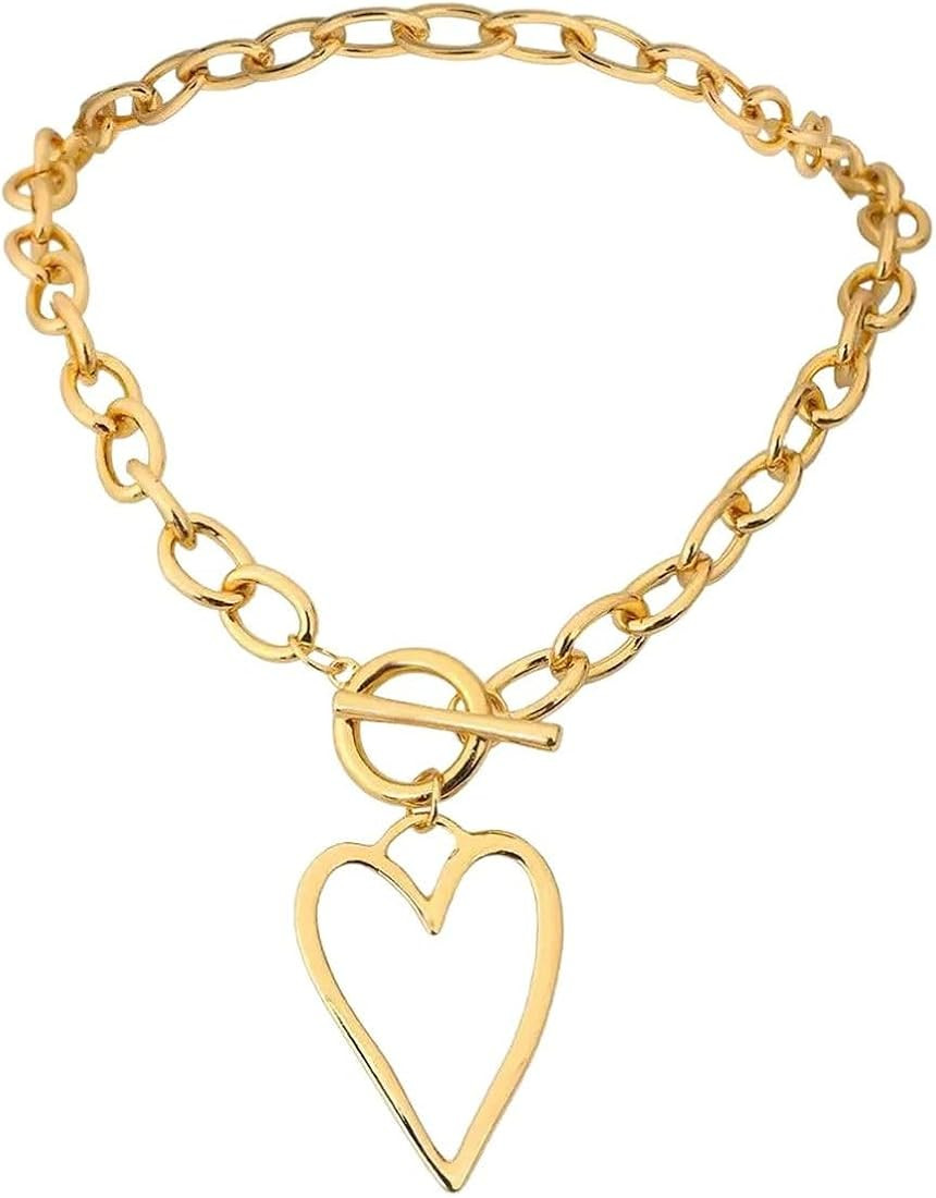 New 2024 Punk Gold Color Bih Hollow Heart Pendant Necklace For Women Imitation Metal Choker Neckl... | Amazon (US)
