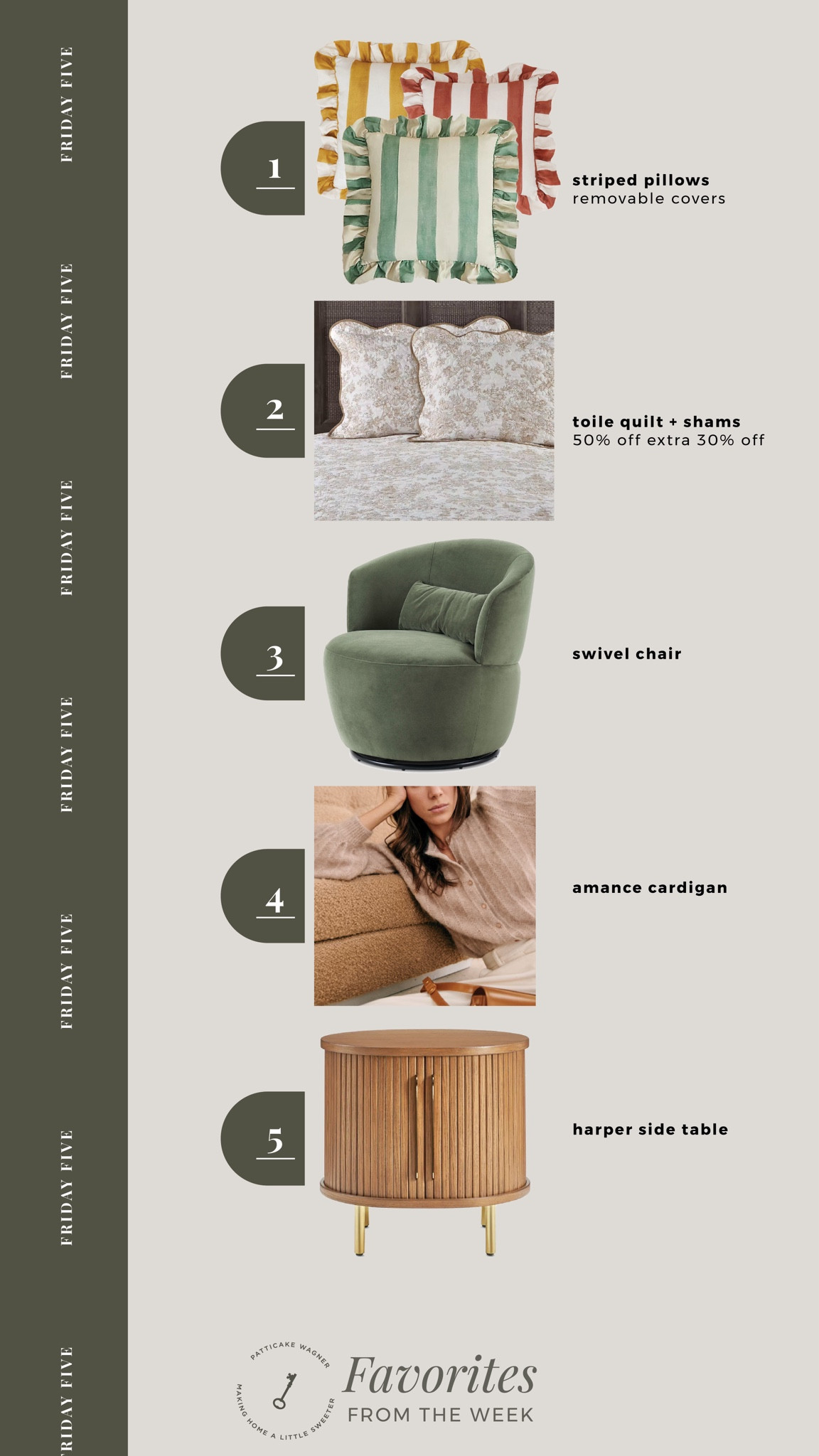 Friday Five: your favorites from the week. *striped pillows, toile quilt, swivel chair, wool cardigan, wood side table 

#LTKsalealert #LTKstyletip #LTKhome