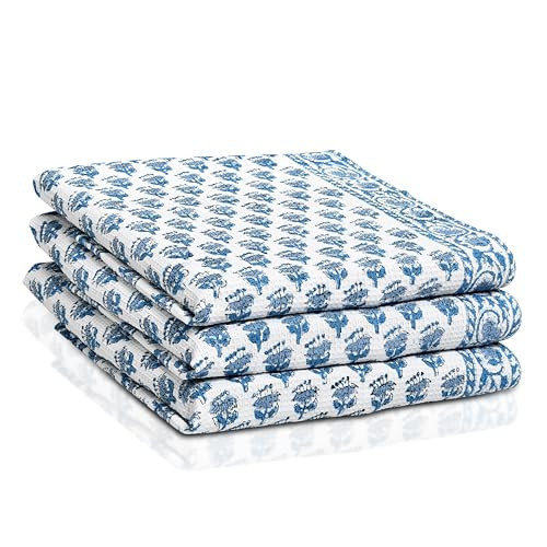 CPC Apatite Blue Hand Block Print Waffle Kitchen Towel Set of 3-16 x28 Ultra Absorbent Quick Dry ... | Amazon (US)