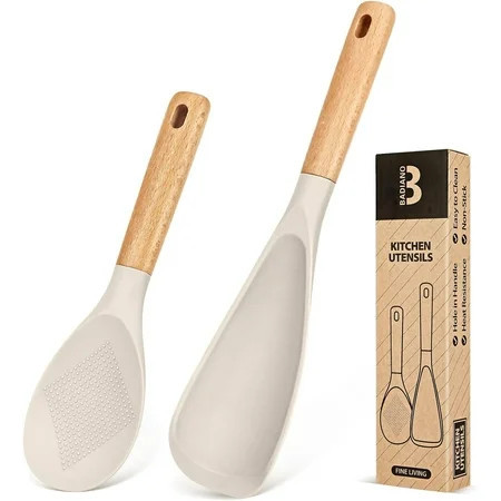 Badiano 2 Pcs Wood Handle Silicone Cooking Spoon & Rice Scoop Set for Serving Mixing Scraping,Khaki | Walmart (US)