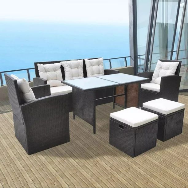 6 Piece Outdoor Dining Set with Cushions Poly Rattan Brown - Walmart.com | Walmart (US)