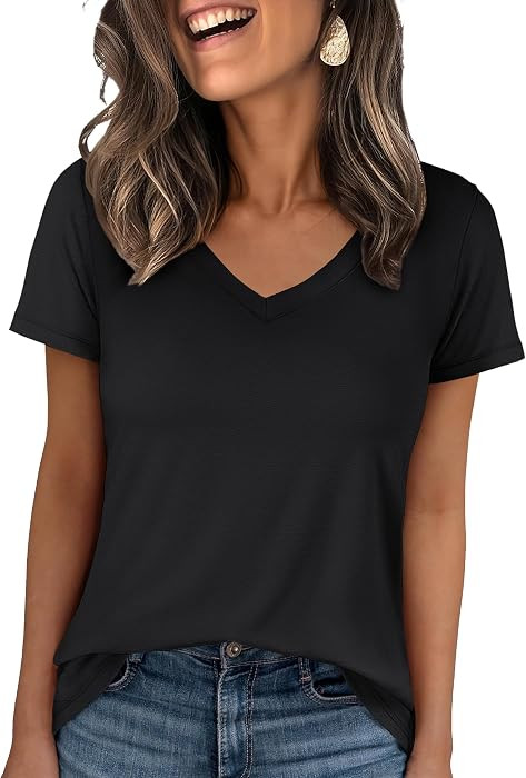 ANRABESS Womens Short Sleeve Tops Casual V Neck Wrinkle - Free Basic T Shirts Summer Cute Tee 202... | Amazon (US)