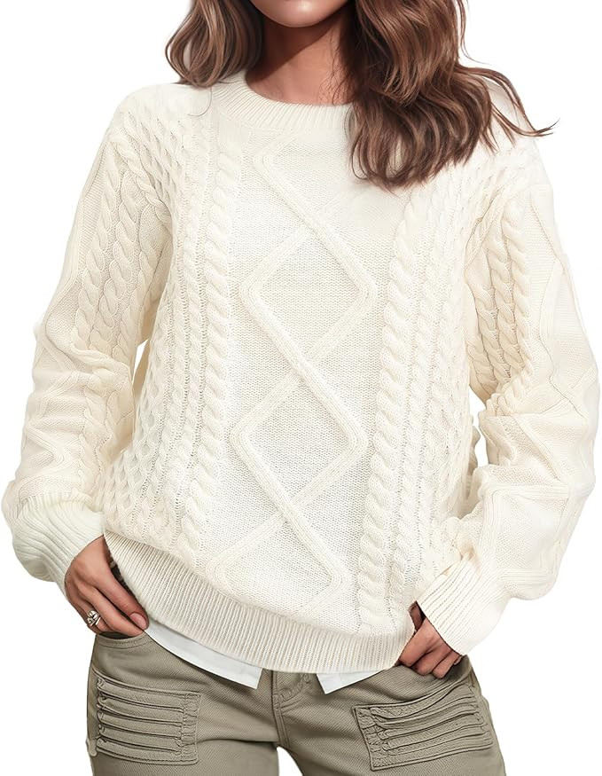 Pleneal Women Sweater Vintage Pullover Cable Knit Sweater Unisex Woven Crewneck Knitted Tops | Amazon (US)