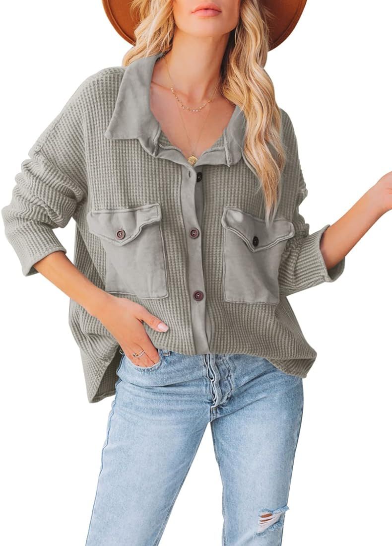 Dokotoo Womens Shacket Long Sleeve Shirts Waffle Knit Button Down Jacket Tops | Amazon (US)