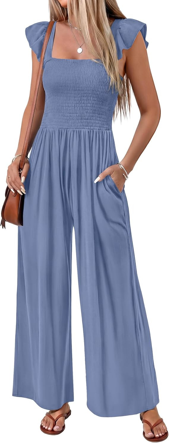 Ekouaer Womens Casual Jumpsuits Summer Boho Outfits Printed Smocked Wide Leg Vacation Jumper With... | Amazon (US)