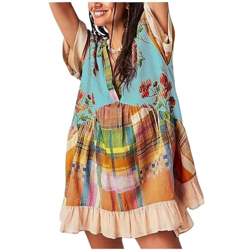 LIKEOULI free people dupes prime of day deal Boho Dresses for Women 2024 Summer Boho Printing Short Sleeve V-Neck Patchwork Dress Fashion Y2k Outfits for Women free people dupes/lookalikes | Amazon (US)
