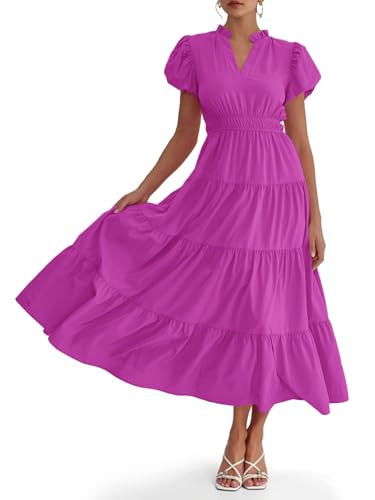 Wenrine Womens Summer Midi Dress Puff Short Sleeve V Neck Flowy Tiered Beach A-Line Dresses Violet | Amazon (US)