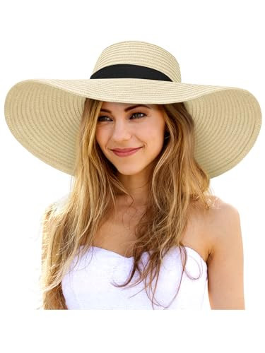 Senker Fashion Sun Hats for Women Oversize Wide Brim Straw Beach Hat Floppy Foldable Roll-Up Summer Vacation UPF 50+ Beige | Amazon (US)