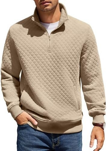 COOFANDY Mens Quarter Zip Pullover Quilted Sweatshirt Knit Long Sleeve Mock Neck Sweater Polo wit... | Amazon (US)