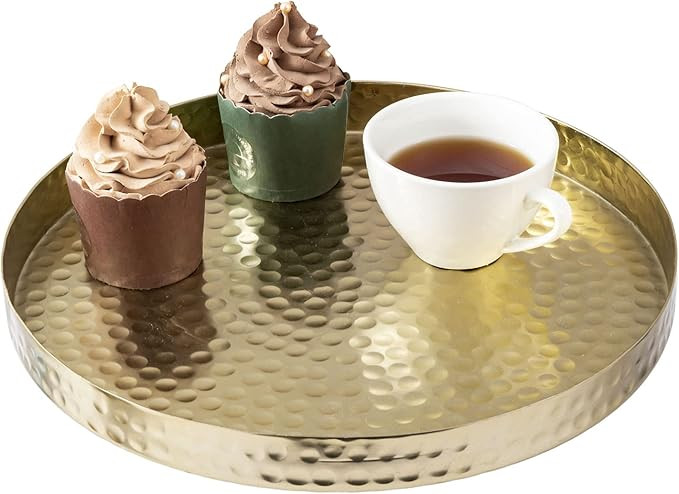 MyGift 11 Inch Deluxe Hammered Brass Round Decorative Tray - Aluminum Plated Serving Display Plat... | Amazon (US)