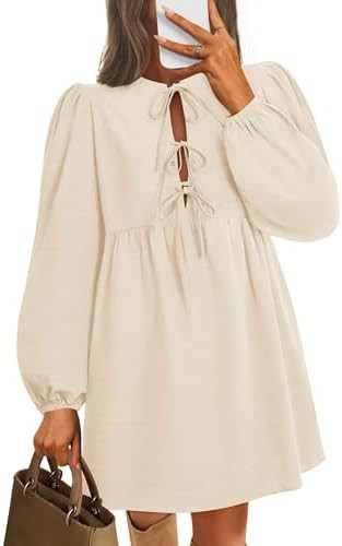 ZESICA Women's Dress Fall Long Puff Sleeve Self Tie Front Babydoll A Line Pleated Cute Mini Tunic... | Amazon (US)