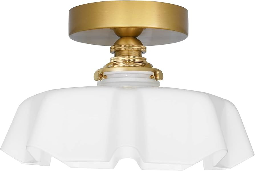 DSMJFU White Semi Flush Mount Ceiling Light, Brass Flush Mount Ceiling Light Vintage Flower Glass... | Amazon (US)