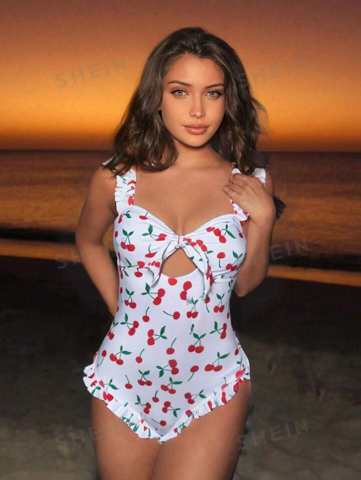 SHEIN Swim Mod Women's Summer Beach Cherry Printed Cut-Out One-Piece Swimsuit With Knot Design | ... | SHEIN