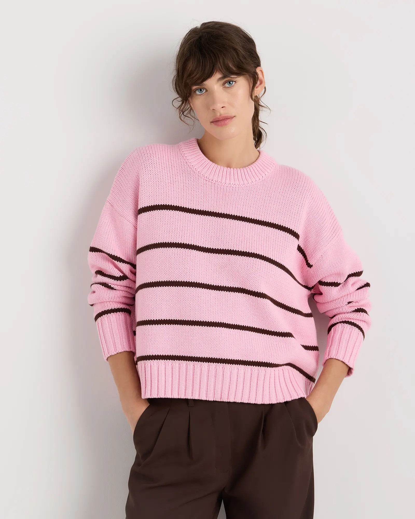 100% Organic Cotton Striped Crew Sweater in Bubblegum/Fudge Mariner Stripe | Quince