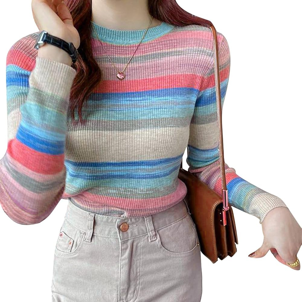 Women Fall Round Neck Long Sleeve Sweater Ribbed Knitted Rainbow Colorful Striped Casual Fitted P... | Amazon (US)