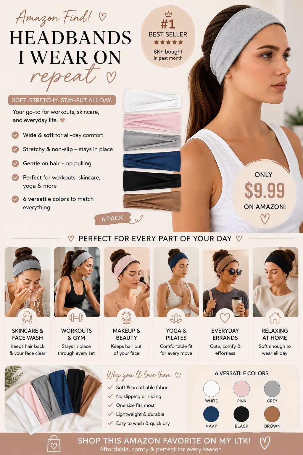 These Amazon headbands are a daily staple—and only $9.99 for a 6-pack! ✨

Soft, stretchy, and non-slip, they’re perfect for workouts, skincare, makeup, yoga, or everyday wear. The neutral colors go with everything and stay comfortable all day.

#LTKselfcare #LTKfitnessgoals #LTKmorningroutine