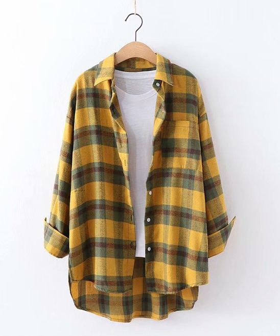 CELLABIE Women's Button Down Shirts Yellow - Yellow Plaid Longline Hi-Low Button-Up - Women | Zulily