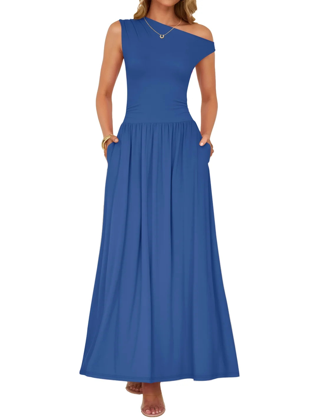 YOGAFOX Women Sleeveless One Shoulder Casual Flowy Pleated Maxi Dress with Pockets Blue M | Walmart (US)