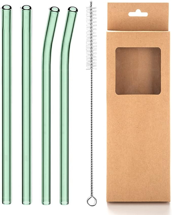 Reusable Glass Straws, 8mm Straight Bent Glass Drinking Straws, 4 Pcs Straws with Cleaning Brush,... | Amazon (US)