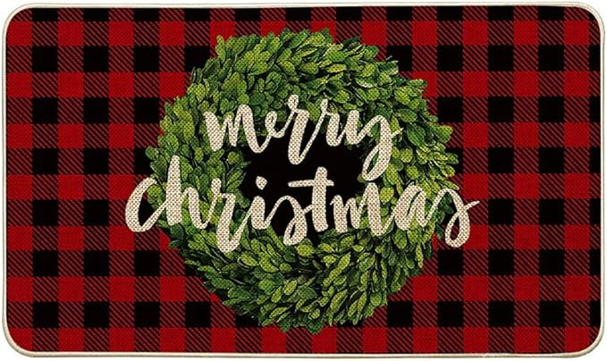 Artoid Mode Buffalo Plaid Boxwood Wreath Merry Christmas Decorative Doormat, Seasonal Winter Xmas... | Amazon (US)