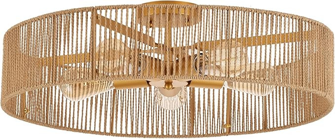 24" Natural Rattan Flush Mount Ceiling Light Fixture Antique Brass Brush Paint Finish Boho Chande... | Amazon (US)