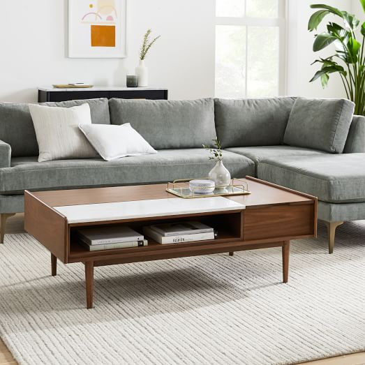 Mid-Century Double Pop-Up Coffee Table - Walnut/White Marble | West Elm (US)