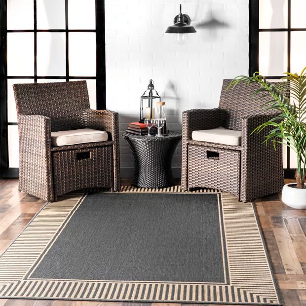 Dark Gray Striped Border Indoor/Outdoor Flatweave 4' x 6' Area Rug | Rugs USA