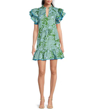 Sugarlips Tressa Floral Print Alina Split V-Neck Ruffle Cap Sleeve Poplin Mini Shift Dress | Dill... | Dillard's