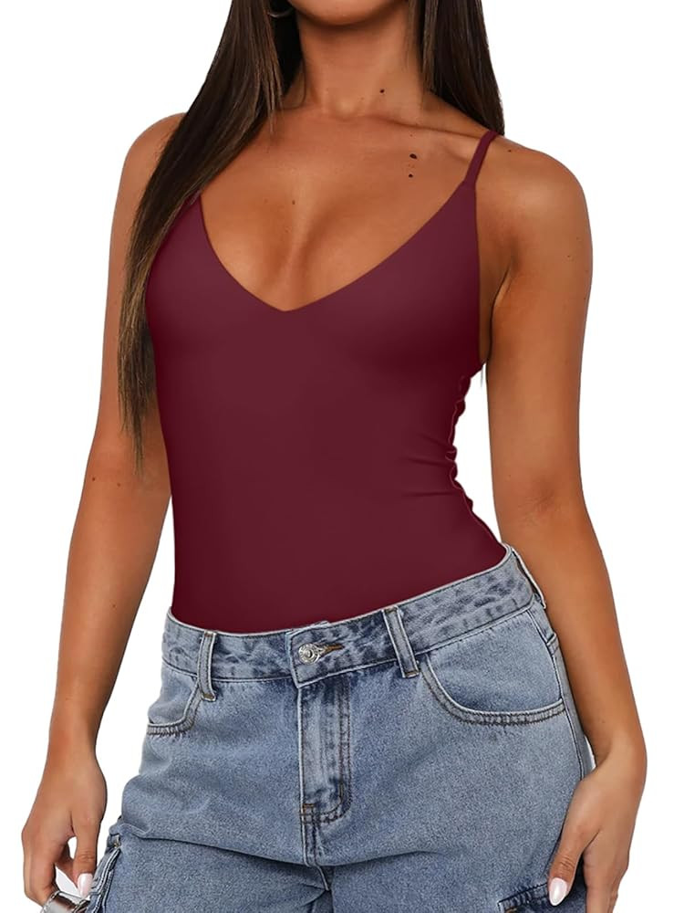 REORIA Women’s Sexy Trendy Open Back V Neck Spaghetti Strap Backless Trendy Cami Bodysuit Tops | Amazon (US)