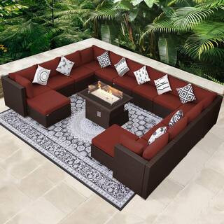15-Piece Wicker Outdoor Sectional Patio Furniture Conversation Set with 60,000 BTU Fire Pit Table, Red Cushions | The Home Depot