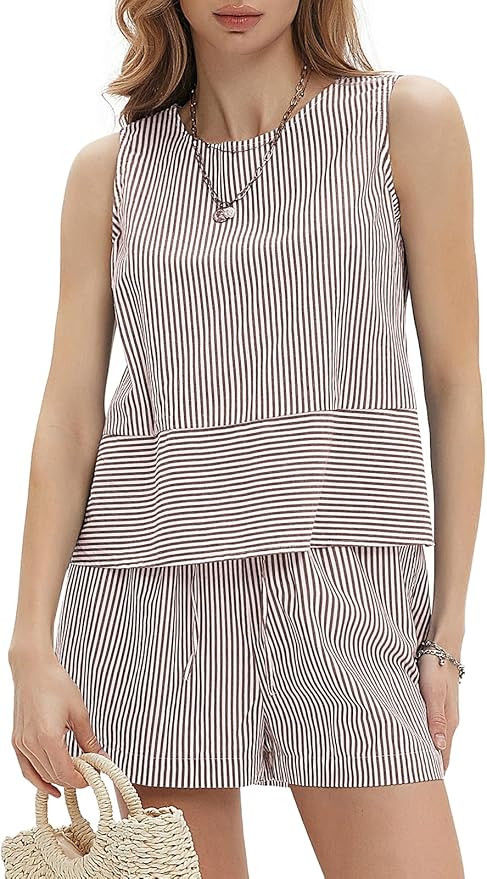 EXLURA Women's Summer 2 Piece Outfits Sleeveless Tank Top Matching Shorts Sets Cotton Striped Swe... | Amazon (US)