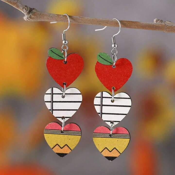 1pair Vintage Apple, Book, Pencil, Heart, Tassel Shaped Wooden Double-Sided Earrings, Perfect For... | SHEIN