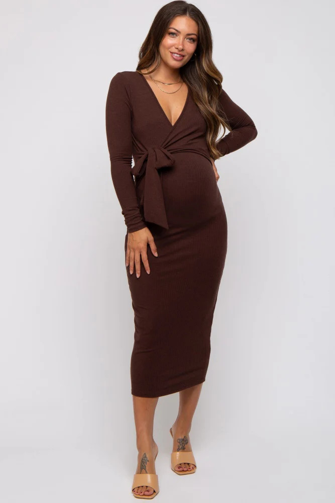 Brown Ribbed Long Sleeve Maternity Wrap Dress | PinkBlush Maternity