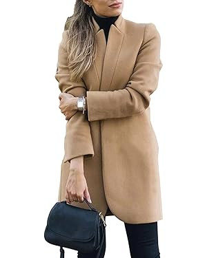 Omoone Women's Basic Stand Collar Slim Fit Jacket Pea Coat Notched Lapel Trench Coat | Amazon (US)