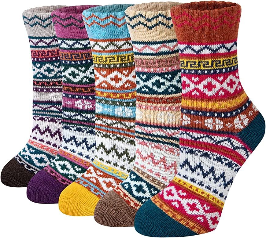 Loritta 5 Pairs Womens Wool Socks Thick Knit Vintage Winter Warm Cozy Crew Socks Gifts | Amazon (US)