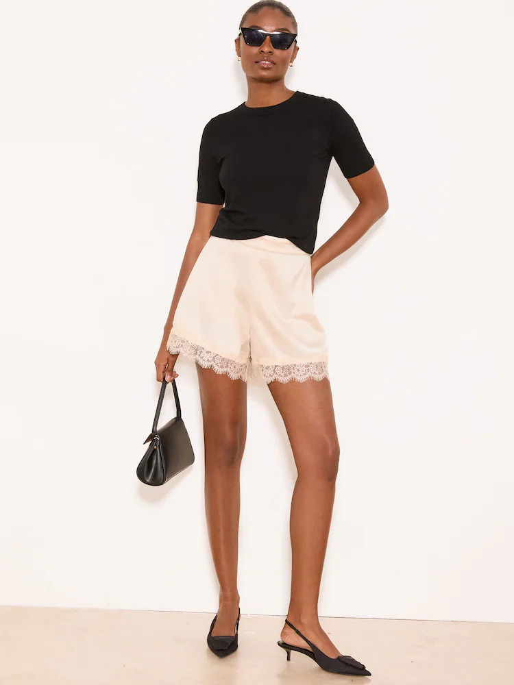 Lipsy Neutral Lace Hem Satin Shorts | Next EU