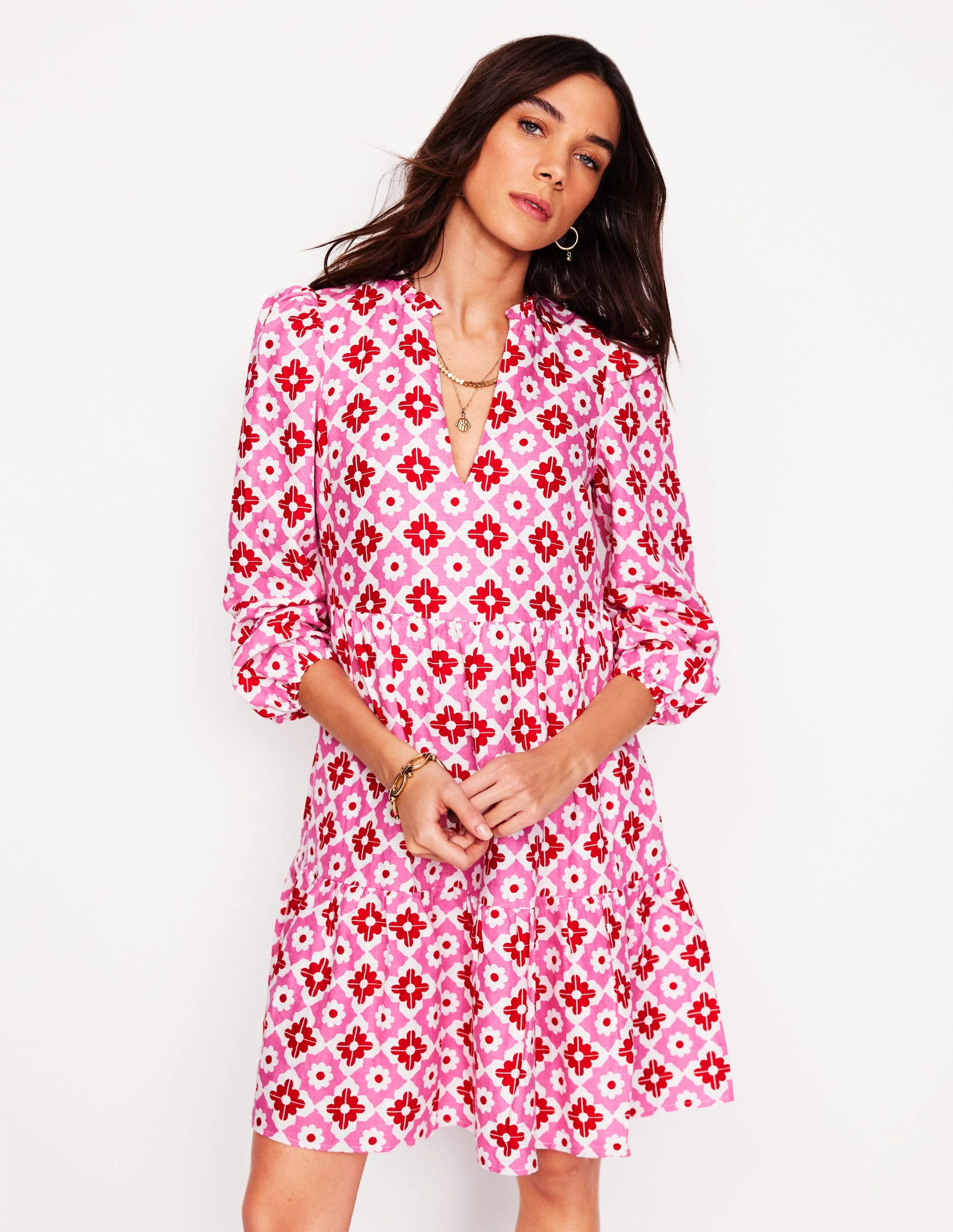 Esme Linen Short Dress-Pink Power, Geometric Stamp | Boden (US)