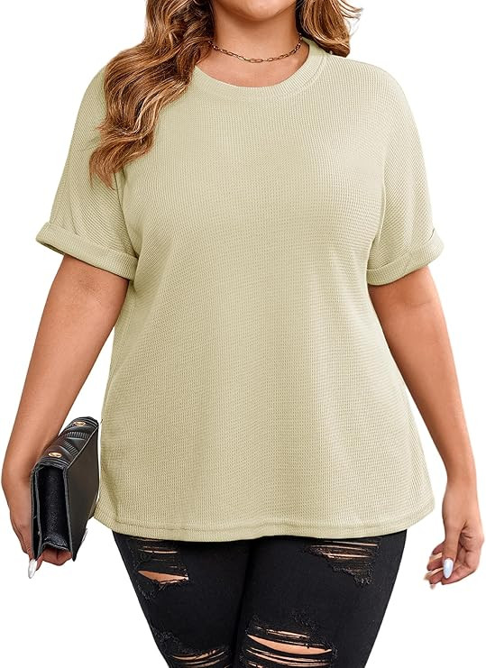 TAKEYAL Plus Size Tops For Women Waffle Knit Shirts Boat Neck Short Sleeve Tunic Tops Summer Casu... | Amazon (US)