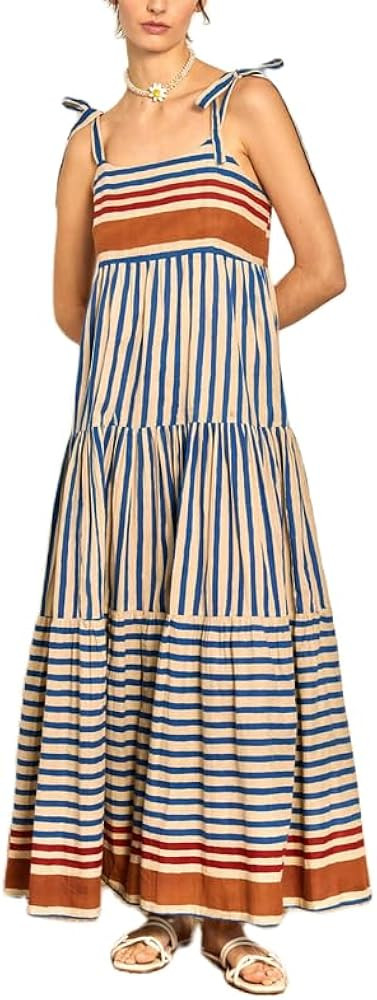 SOOKABEILA Women Striped Sleeveless Maxi Dress Flowy Smocked Tie Shoulder Dress Backless Spaghett... | Amazon (US)