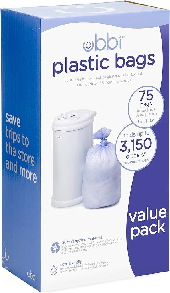 Ubbi Diaper Pail Plastic Bags, Disposable Baby Waste Bags, 3 Pack, 75 Count, 13-Gallon Bags | Amazon (US)