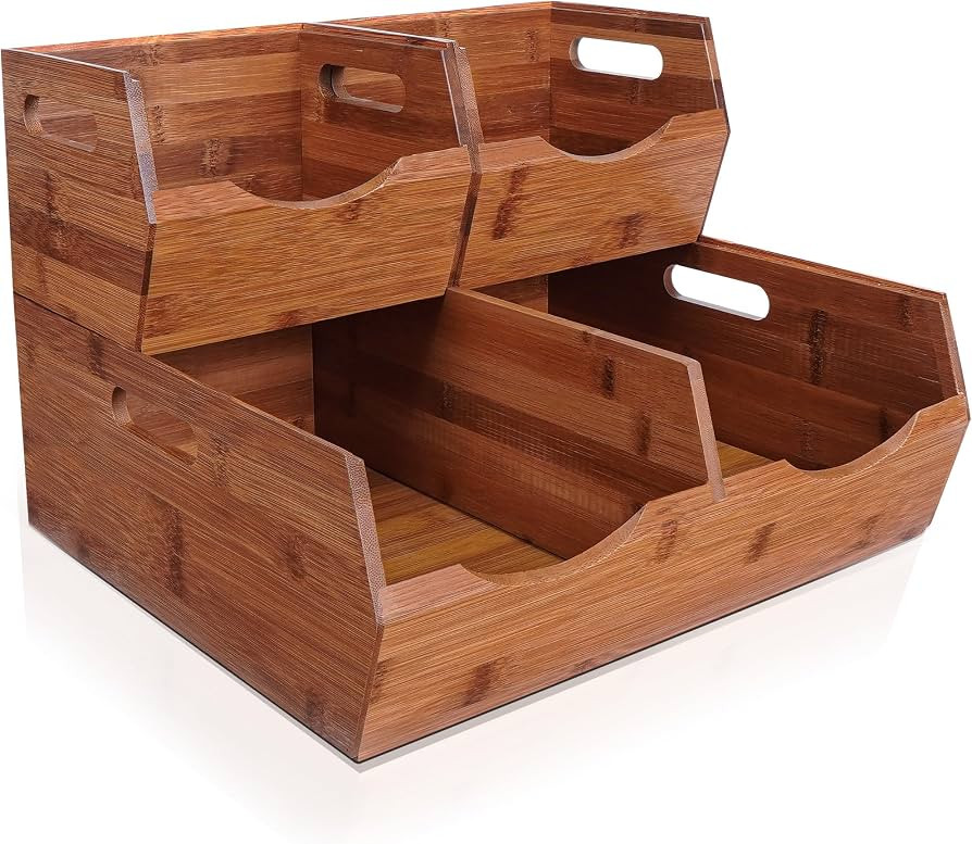 [Upgraded] 2-tier Stackable Bamboo Pantry Storage Bins, Potato and Onion Storage Baskets with Han... | Amazon (US)