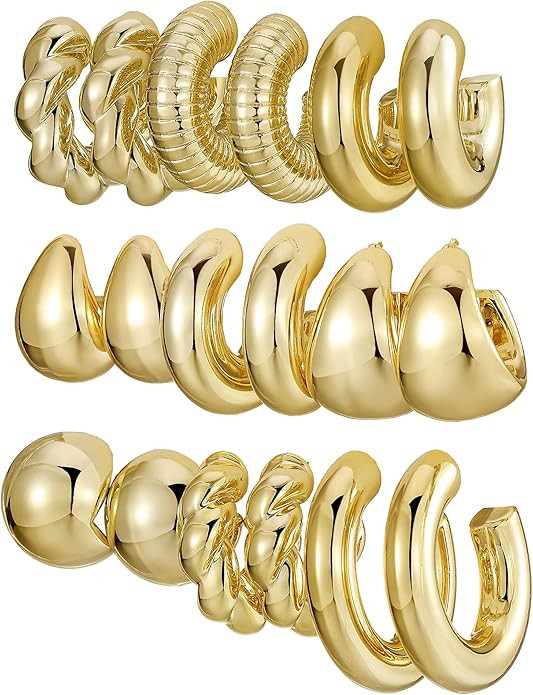 IFKM 24 Pairs Gold Hoop Earrings Set for Women Hypoallergenic Chunky Chain Twisted Open Hoops Dan... | Amazon (US)